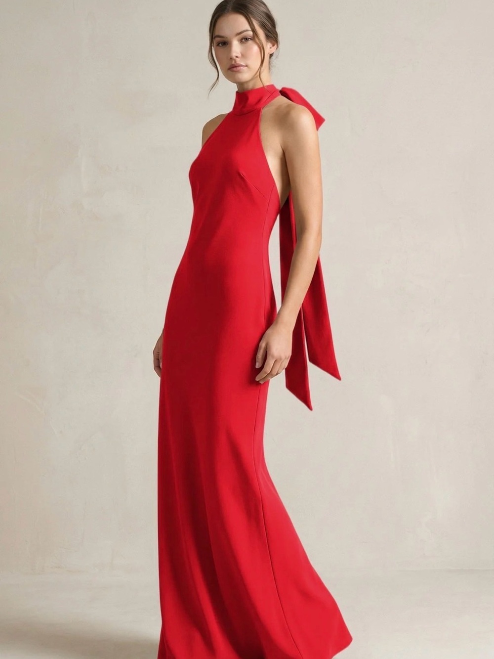 Sleek Red Halter-Back Prom/Bridesmaid/Wedding Guest Gown